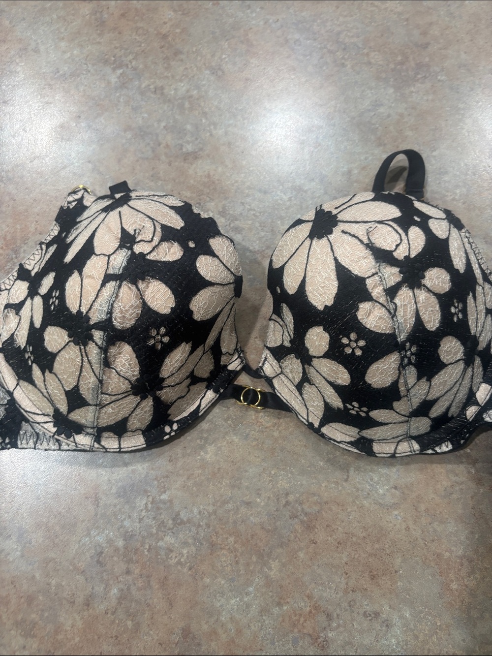 Victoria's Secret Black Lace Floral Overlay Beige Push-Up Bra